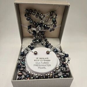 New Cultured Freshwater Pearl 3 Strand Necklace Earring Set Black Peacock Crysta